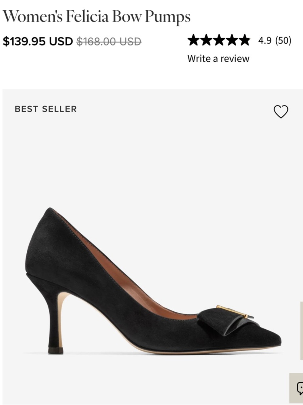 Cole Haan Felicia Black Suede Bow Mid-Heel Pumps with Gold Accent